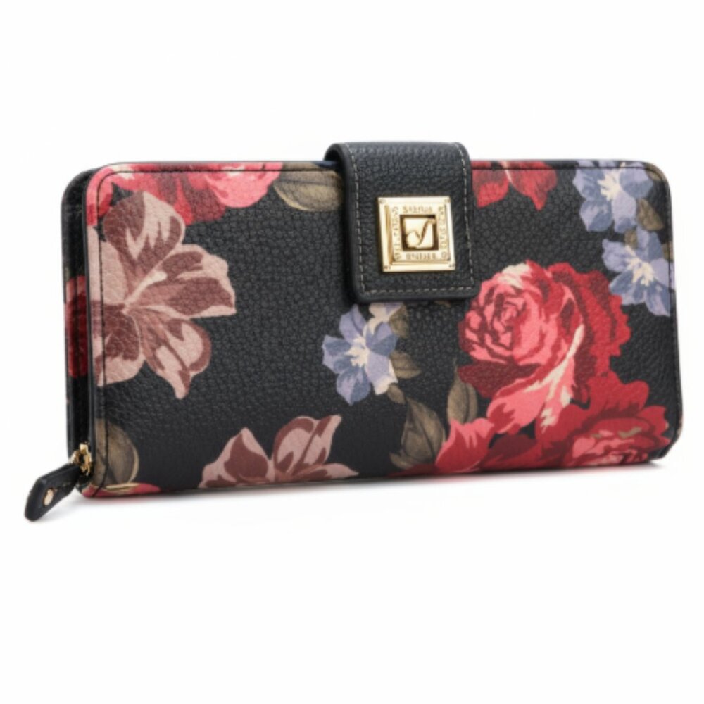 Stone Mountain Leather Wallet Black Floral Organizer Checkbook Snap Zip EUC